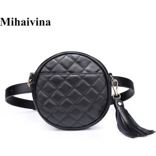 Mihaivina Black Fanny Pack Waist Bag Leather Belt Bag Women Round Waist Pack Bag Fashion Tassels Fanny Packs Lattice Purse Case