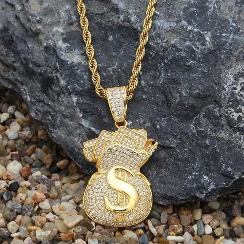 Fashion Hip Hop Necklace Jewelry Classic US Dollar Money Bag Pendant with Stainless Steel Chain Bling Cubic Zircon Mens Gifts
