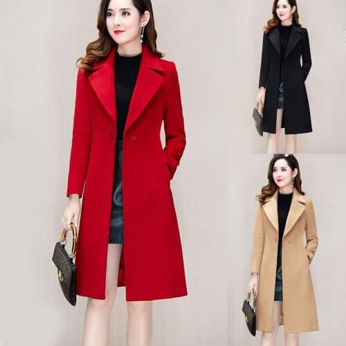 Zoulv 2021 Women Woollen Overcoat Womens Mid Length Over Knee Autumn Winter Waist Suit collar Red Woollen Black Khaki Coat