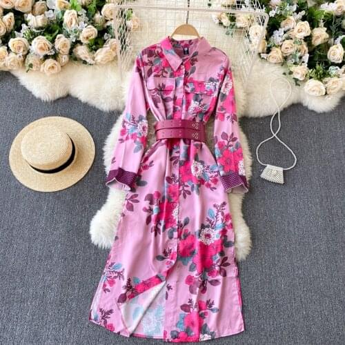Womens spring autumn runway fashion flower print belt long dress female long sleeve chic travel beach shirt dress TB1506