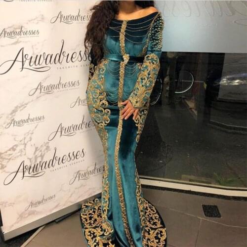 Custom Velour Islamic Saudi Arabic Mermaid Evening Dresses Long Sleeves Women Plus Size Moroccan Kaftan Embroidery Prom Gowns