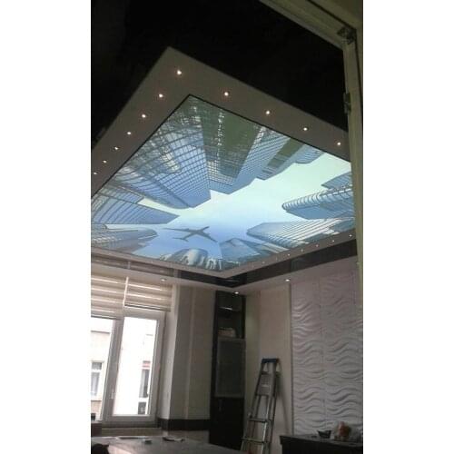 SV-1013 airplane flying between skyscrapers PVC ceiling film overlook to sky stretch ceiling film decorative films