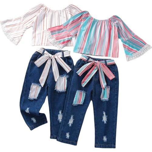 Toddler Baby Girls Clothes Flower Stripe Flare Sleeve Tops+Denim Ripped Pants 2PCS Outfits Fashion Autumn Clothes