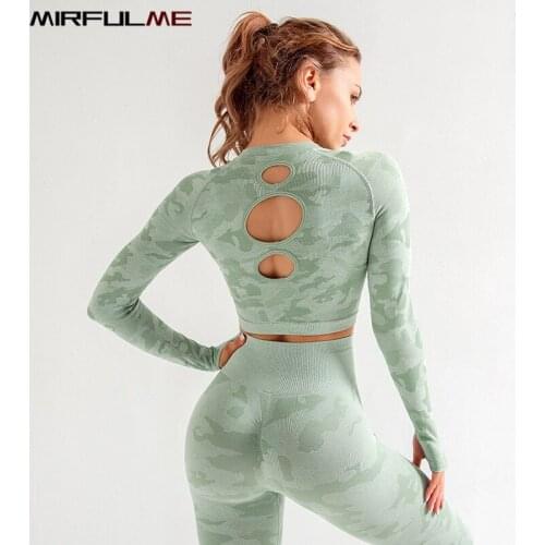 Yoga Shirt Women Hollow Out Running Shirt Military Crop Tops Camouflage Sport T-shirt Quick Dry Sportwear Gym Fitness Sweatshirt