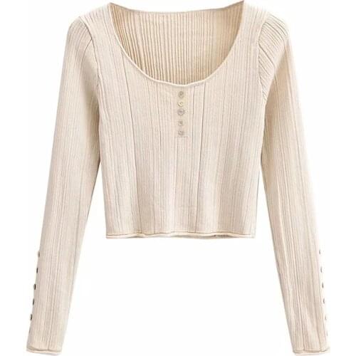 ZA 2021 Women Fashion Jumper Button decorative Cropped Knitted O Neck Long Sleeve Sun Protection Knit Pullovers Female Crop Tops