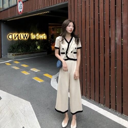 2020 Summer Korean Fashion Two Piece Sets Knitted Outfits Women Short Sleeve Tops + Knitted Wide-leg Pants Suit Casual 2 Pcs Set