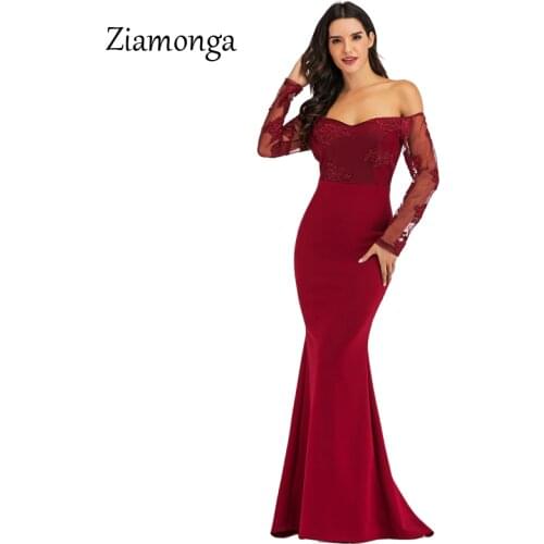 Ziamonga Women Lace Mermaid Party Gowns 2019 Long Sleeve Party Gowns Evening Lace Dresses Elegant Bodycon Long Maxi Vestidos
