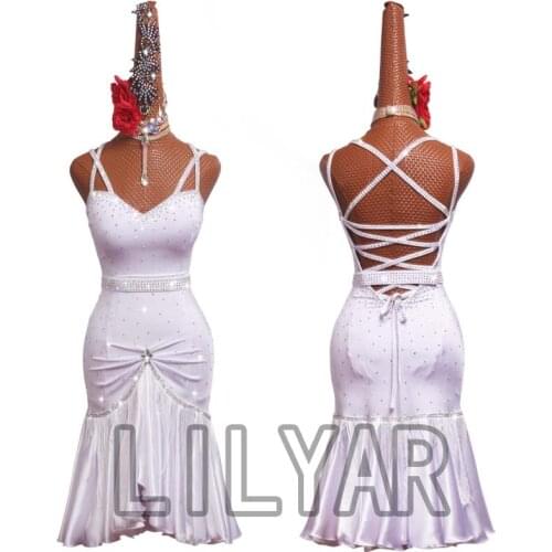 Latin Dance Dress Latin Skirt Competition Dress Costumes Performing Dress Practice Skirt Customize Adult Kids Lady White Slim fi