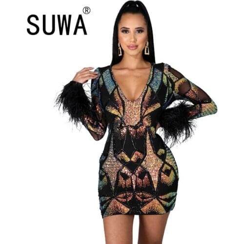 Women Sexy Sequins Feather Night Club Party Dress Deep V Neck Sheer Mesh Long Sleeve Bodycon Mini Dresses Vestidos