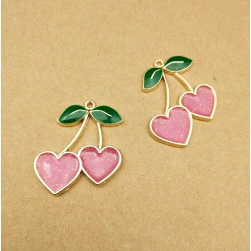 10 29*28mm Red /pink Glitter Resin Cherry Heart Charm - Fruit Jewelry Accessories Supplies Making DIY Boutique Cherry Pendants