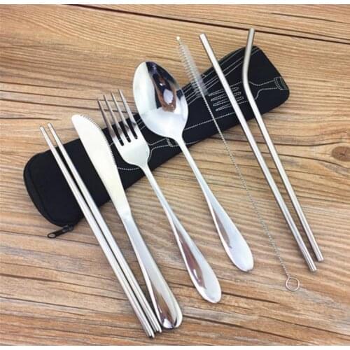100sets Portable Flatware Set Reusable Stainless Steel Fork, Knife, Spoon, Chopsticks, Juice Straw and Cleaning Brush SN1115