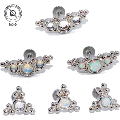 2PCS G23 Titanium&Steel Opal Cluster Ear Tragus Helix Cartilage Crystal Earring Stud Labret Bar Lip Ring Body Piercing Jewelry