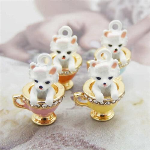 Julie Wang 4PCS Enamel Teacup Poodle Charms Puppy Dog Alloy Gold Tone Rhinestone Cup Necklace Bracelet Jewelry Making Accessory