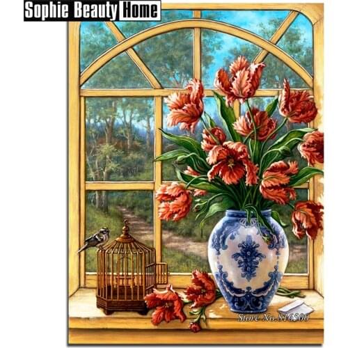 Diy 5D Diamond Painting Cross Stitch Flower Bird On Window Diamond Embroidery Pattern Full Drill Mosaic Home Decor Art 187268