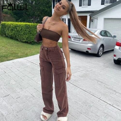 FQLWL Streetwear Harajuku Cargo Pants Women Denim Trousers Pockets Wide Leg High Waist Pants Female Spring Ladies Brown Pants