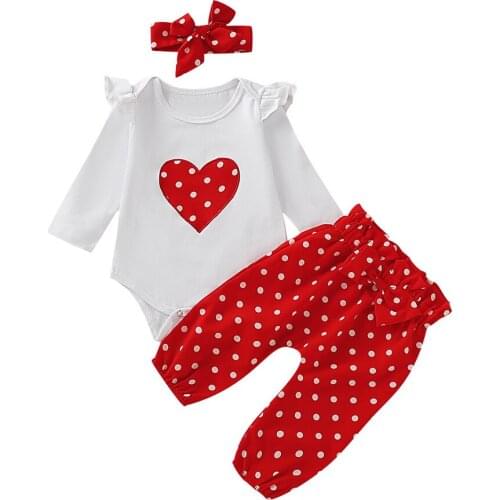 Newborn Baby Girls Clothes Long Sleeve heart print T-shirt+red polka dot Pants+Headband Infant 3Pcs Baby Girls Clothing Set D30