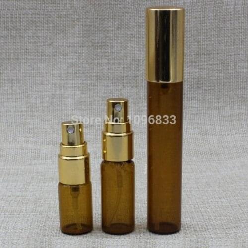 3ML 5ML 10ML Amber Brown Glass Bottle Gold Lid Spray Atomizer Perfume Sample Test Vial Cosmetic Essential Oil Packing 50pcs/Lot
