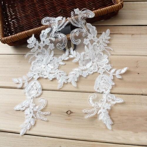 2 Pairs 27*12.5cm Handmade DIY Clothes Accessories Lace Trim With Sequin Cloth Embroidery White Wedding Lace Applique Fabric