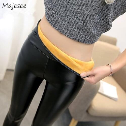 Leggings Women Winter Warm Thicker Plus Velvet PU Elegant Sexy Skinny All-match Casual Womens Trousers Solid Simple Ladies Daily