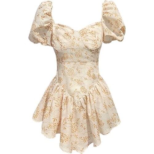 Summer Women Dress High Quality Puff Sleeve Print Floral High Waist Sexy Woman Dresses Party Vestidos Womens Clothing WPY3719