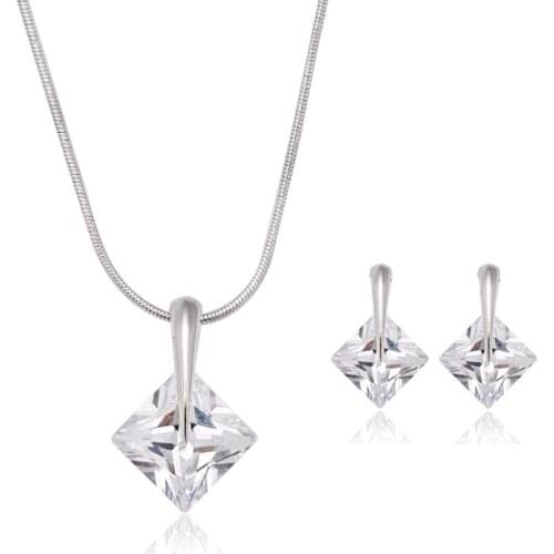 MxGxFam Square Zircon AAA+ Pendant Necklace and Stud Earring Set Fore Women White Gold Color