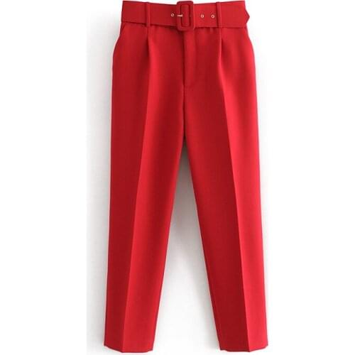 2020 Autumn New black suit pants woman high waist pants sashes pockets office ladies pants fashion middle aged pink yellow pants