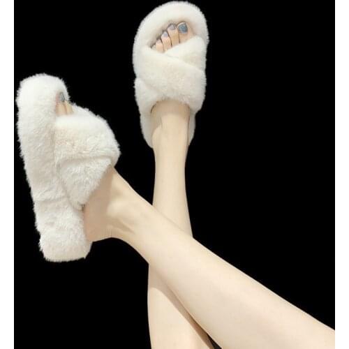 YSHUNIJ Autumn and winter 2021 new thick-soled slippers female rabbit hair cross-warm half-slippers
