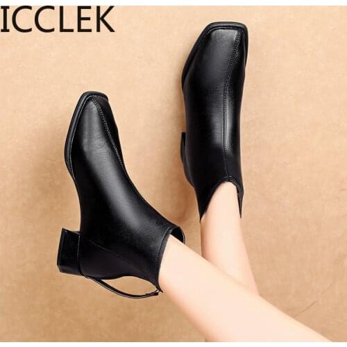 New Fashion Leather Ankle Boots Women Thick Low Heels Zipper Round Toe Autumn Winter Woman Shoes Square Heel White Black Size 43