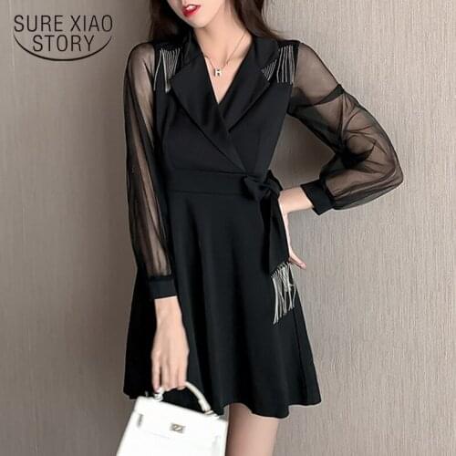 Autumn New Black Mini Sexy Dress Women Bodycon Long Sleeve Office Lady Dresses Empire Tassel Bow A-Line Club Dress Vestido 12558