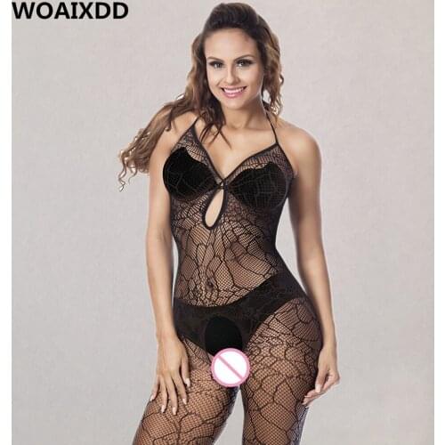 Sexy Open Crotch Lingerie Women Transparent Hollow Out Halter Bodystockings Erotic Lace Printed Underwear Porn Langerie Costumes