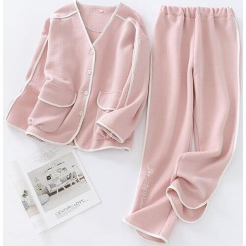 New Korean Pajamas Autumn and Winter Long-sleeved Trousers Pijama Mujer V-Neck Thick Fabric Keep Warm Sleepwear Home Clothes