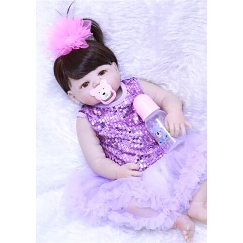 Full Silicone Body Reborn Baby Doll Toys Lifelike 55cm bebe princess reborn bonecas purple shinning dress kids gift dolls