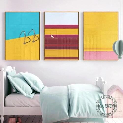 Modern Abstract Multicolor Yellow Blue Poster Pigeons Swimming Pool Wall Art Canvas Painting Decorative Picture for Living Room