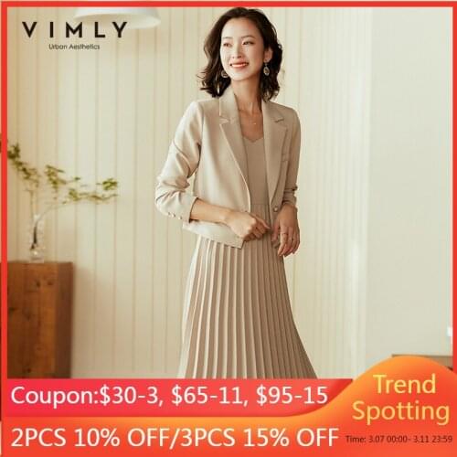 Vimly Office Ladies Women Two Piece Set Vintage Lapel Solid Short Blazer V Neck Strap Pleated Dress Female Outfits F1963