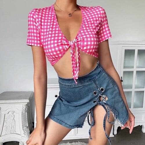 2020 Summer Sexy Short sleeve Deep V Neck Slim Club Blouse Chiffon Plaids Shirt Tops Women Ladies Sexy Bandage Cardigan Crop top