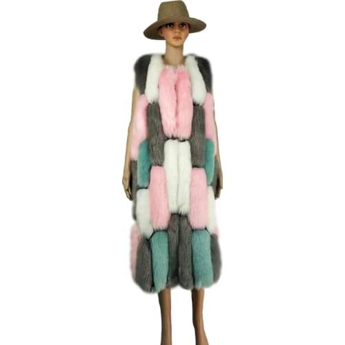 Faux Fur Vest Women Multicolor Imitation Fox Fur Waistcoat Whole Sleeveless Long Faux Fox Fur Vest Coat