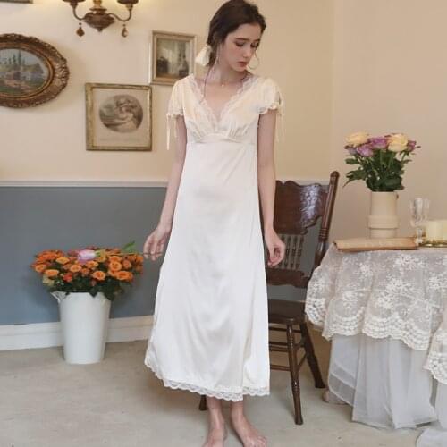 Sexy Prince Lingerie Summer Womens Lace V-Neck Shirt Strap Vintage Slip White Dress Robe Sets Nightgown Nightdress