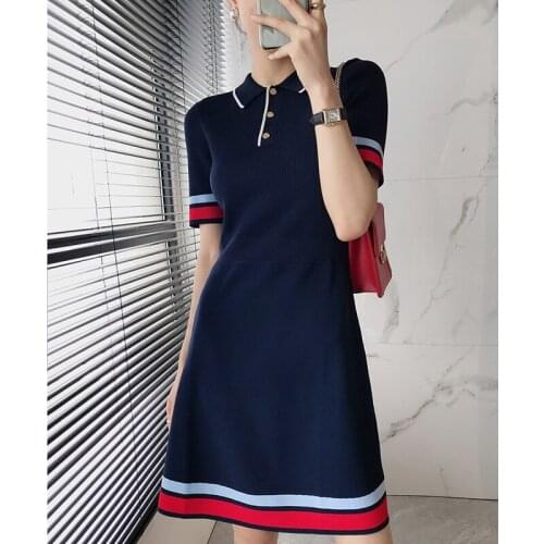 Women Preppy Dress Brief Solid Casual Knitted Dress Ladies Fashion Dress Slim Short Sleeves Lapel Knee-length Dress