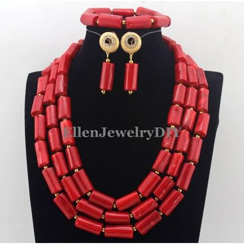 2016 Fashion Costume Nigerian African Wedding beads Jewelry Sets Red Coral Beads Luxury Bridal Jewelry Sets Free Shipping W12847