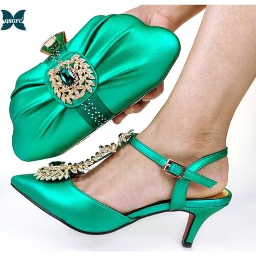 2021 Hot Selling New Arrival Green Color Crystal Noble and Luxury Style Women Shoes and Bag Set in Party
