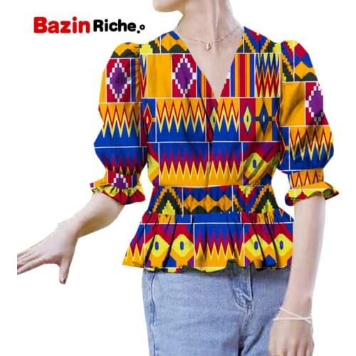 African Blouses For Women V-Neck With Appliques Ankara Style Short Lantern Belt Sleeve Tops Casual Tees Ruffles Plus Size WY880
