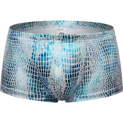 Men Boxers Metallic Snake Pattern Imitation Leather Cool Men Sexy Underwear Mens Boxer Shorts Low Waist Nightclub Underpants