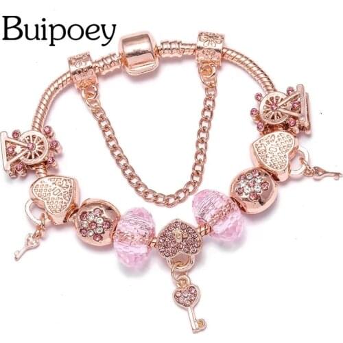Buipoey Fashion Key Heart Lock Charm Bracelets For Women Rose Gold Crystal Ferris Wheel Beads Bracelets & Bangles Girls Jewelry