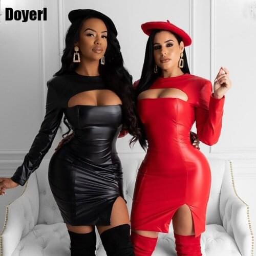 Black PU Leather Dress Women Plus Size Long Sleeve Hollow Out Elegant Bodycon Club Party Dress Short Mini Sexy Dress Vestidos