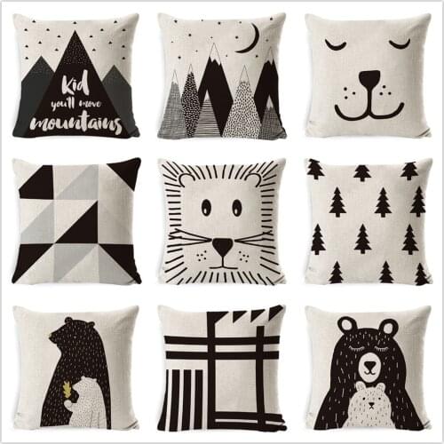 Children Simple Cushion Cover Hand Painted Cartoon Animals Pillow Case Nordic Style Forest Bear Bookcase Mountain Pillow Cover