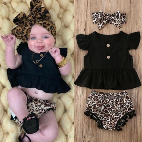 3Pcs Newborn Baby Girl Clothes Sets Ruffle Sleeve T-Shirts Leopard Floral Tassels Shorts Headband Baby Summer Clothing 0-3Years