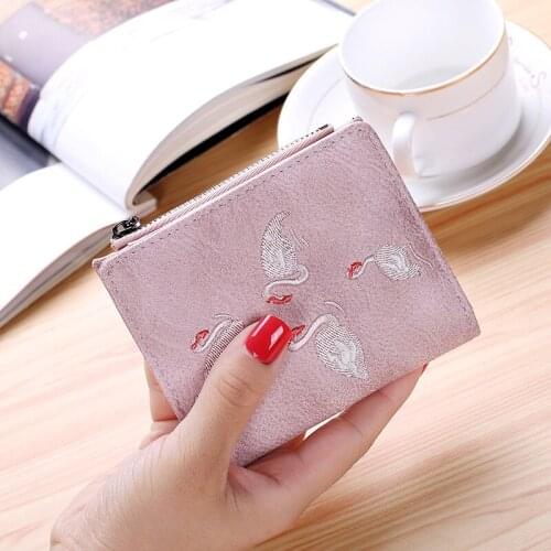 Fashion Embroidery Short Ladies Wallet Korean Version of Flamingo Student Coin Pocket Soft Leather Large Capacity Women Purse