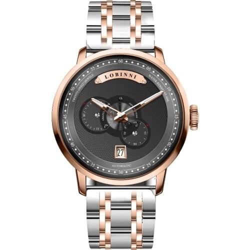 LOBINNI Mens Business 50M Waterproof Multifunctions Fashion Dial Automatic Self-wind Mechanical Wrist Watch - Rosegold