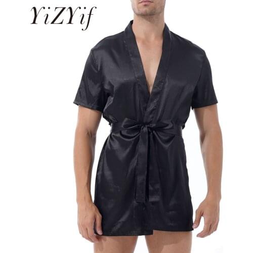 Mens Satin Kimono Night-robe Nightwear See-Through Floral Lace Loungewear Homewear Patchwork Back Lounge Sleepwear with Belt
