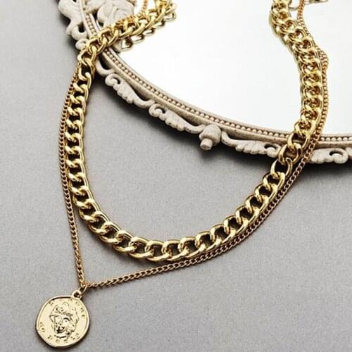 JINGLANG European And American New Metal Punk Pendants Necklace Retro Simple Human Head Exaggerated Thick Chain Jewelry